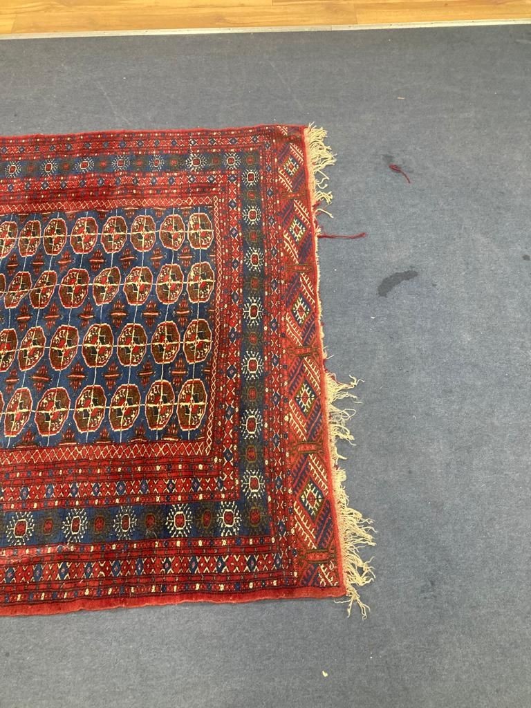 A Bokhara blue ground carpet. 240x150.